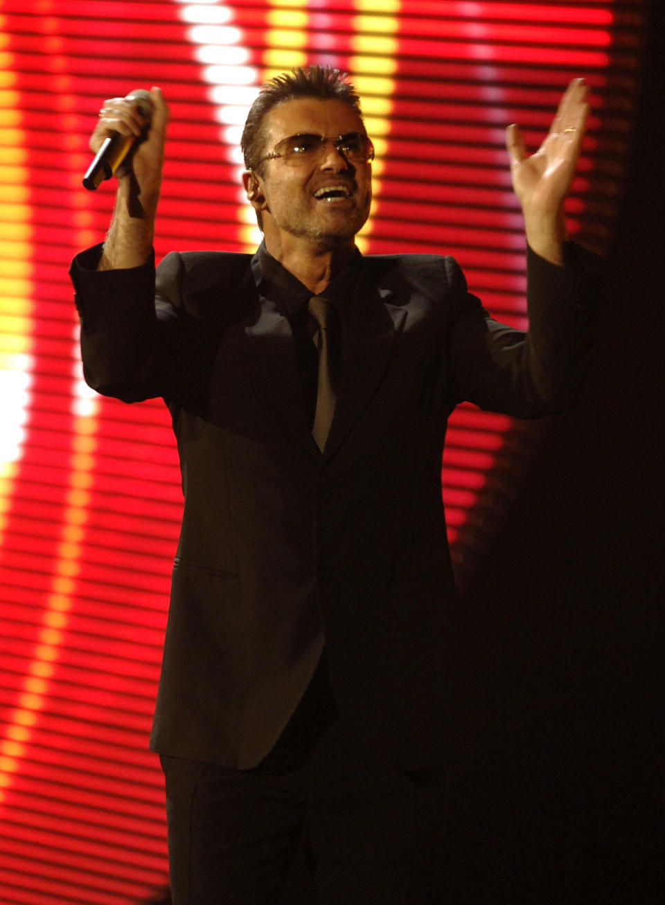 Singer George Michael performs at the MEN Arena in Manchester during his '25 Live' world tour.