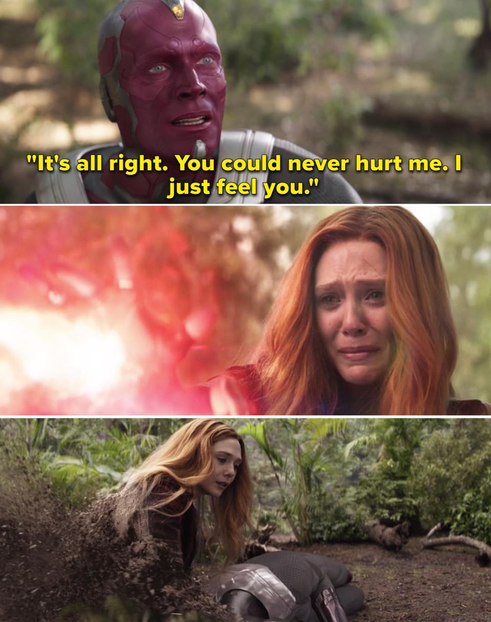 Vision telling Wanda, "It's all right. You could never hurt me. I just feel you"