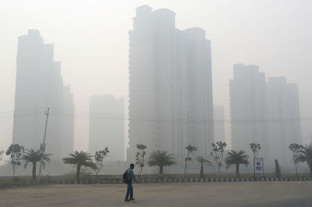 A man walks through smog near Delhi, India November 13, 2017. REUTERS/Cathal McNaughton