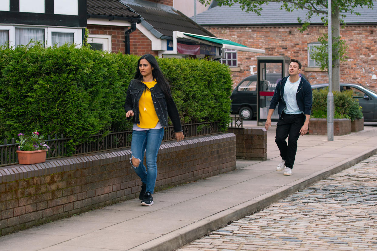 FROM ITV

STRICT EMBARGO - No Use Before Tuesday 6th July 2021

Coronation Street - Ep 10375

Monday 12th July 2021 - 2nd Ep

Alya Nazir [SAIR KHAN] tells Ryan Connor [RYAN PRESCOTT] theyâ€™re finished.  

Picture contact David.crook@itv.com 

Photographer - Danielle Baguley

This photograph is (C) ITV Plc and can only be reproduced for editorial purposes directly in connection with the programme or event mentioned above, or ITV plc. Once made available by ITV plc Picture Desk, this photograph can be reproduced once only up until the transmission [TX] date and no reproduction fee will be charged. Any subsequent usage may incur a fee. This photograph must not be manipulated [excluding basic cropping] in a manner which alters the visual appearance of the person photographed deemed detrimental or inappropriate by ITV plc Picture Desk. This photograph must not be syndicated to any other company, publication or website, or permanently archived, without the express written permission of ITV Picture Desk. Full Terms and conditions are available on  www.itv.com/presscentre/itvpictures/terms