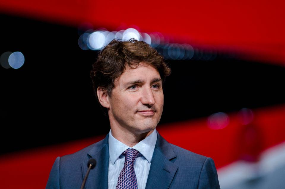 Canadian Prime Minister Justin Trudeau holds a press conference on the airline industry in Montreal, Quebec on July 15, 2021. - The funding announcement, towards greener aeronautic companies and electric aeronautics, was done in conjunction with the Quebec Prime Minister François Legault, and various company CEOs, such as CAE and Pratt and Whitney Canada. (Photo by Andrej Ivanov / AFP) (Photo by ANDREJ IVANOV/AFP via Getty Images)