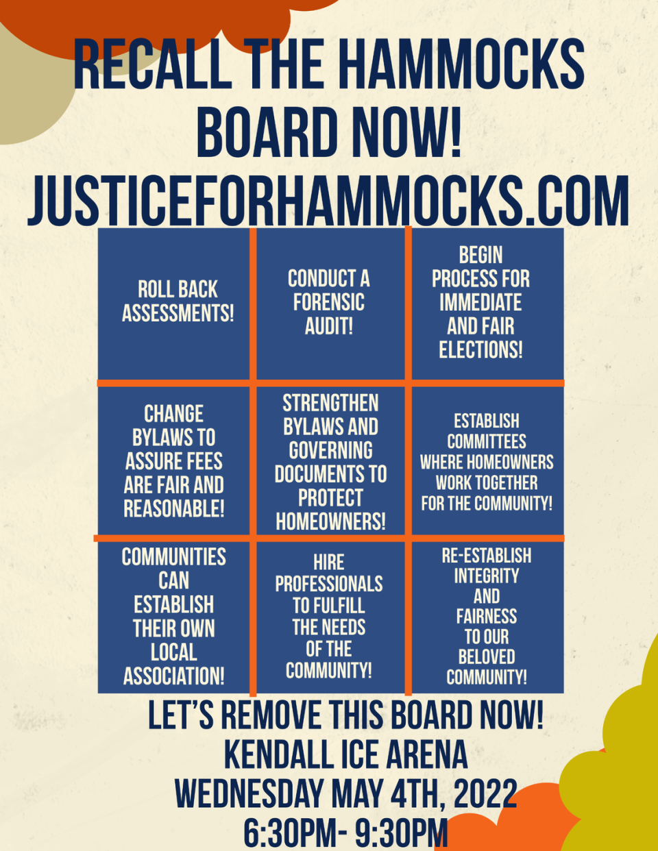 A flyer announcing a Justice for the Hammocks rally at the Kendall Ice Arena to recall the HOA’s board of directors.