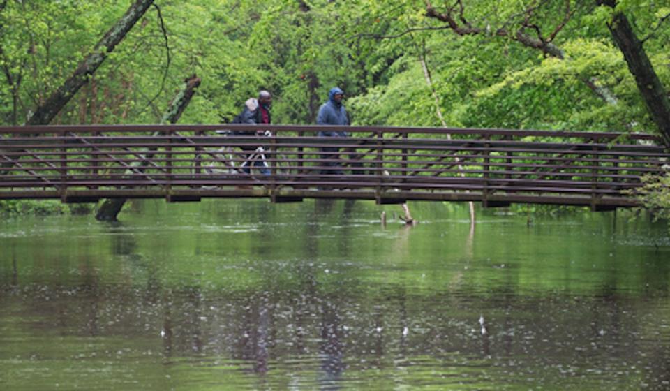 Two men cross over a waterway at Silver Lake Park in Dover in 2017.