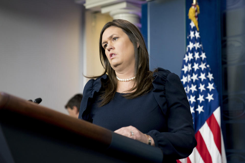 White House press secretary Sarah Sanders at the daily White House press briefing, Aug. 22, 2018. (Photo: Andrew Harnik/AP)