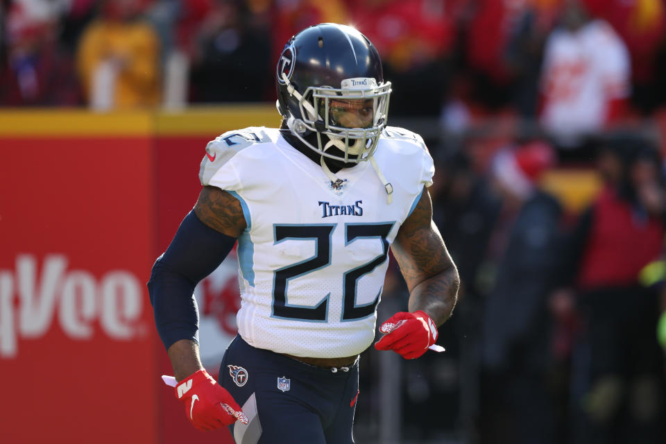 Derrick Henry jogs on the field before a game last season.