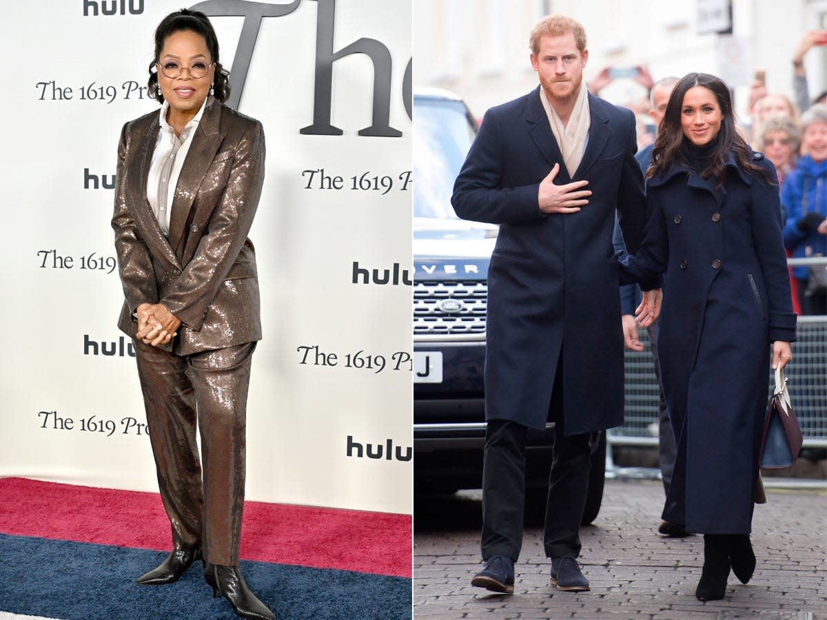 A side-by-side of Oprah Winfrey and Prince Harry and Meghan Markle.