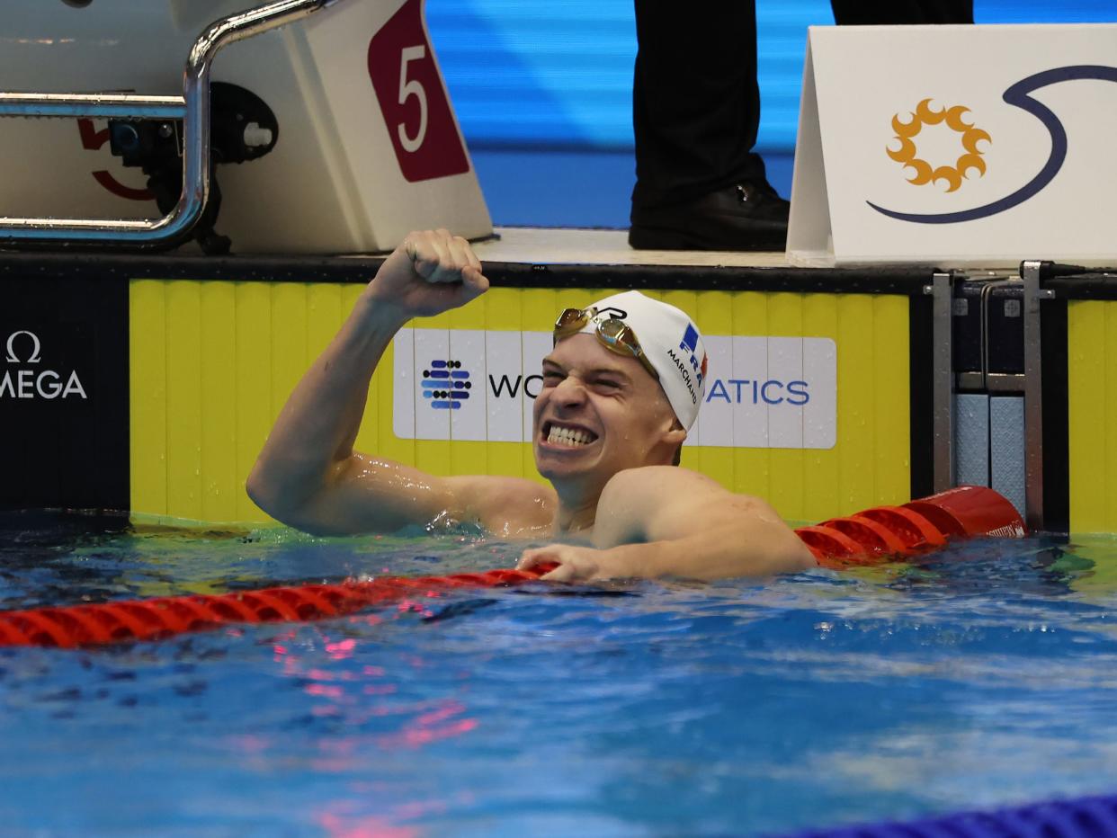 Leon Marchand of France celebrates victory in the Men's 400m IM final on day one of the Fukuoka 2023 World Aquatics Championships