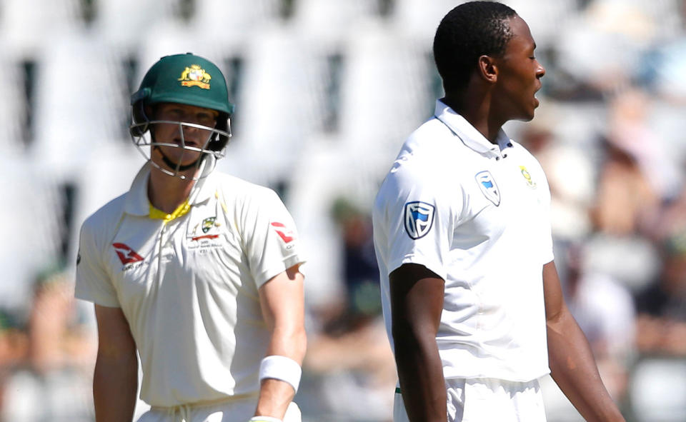 Kagiso Rabada, pictured here after colliding with Steve Smith in an ugly moment in 2018.