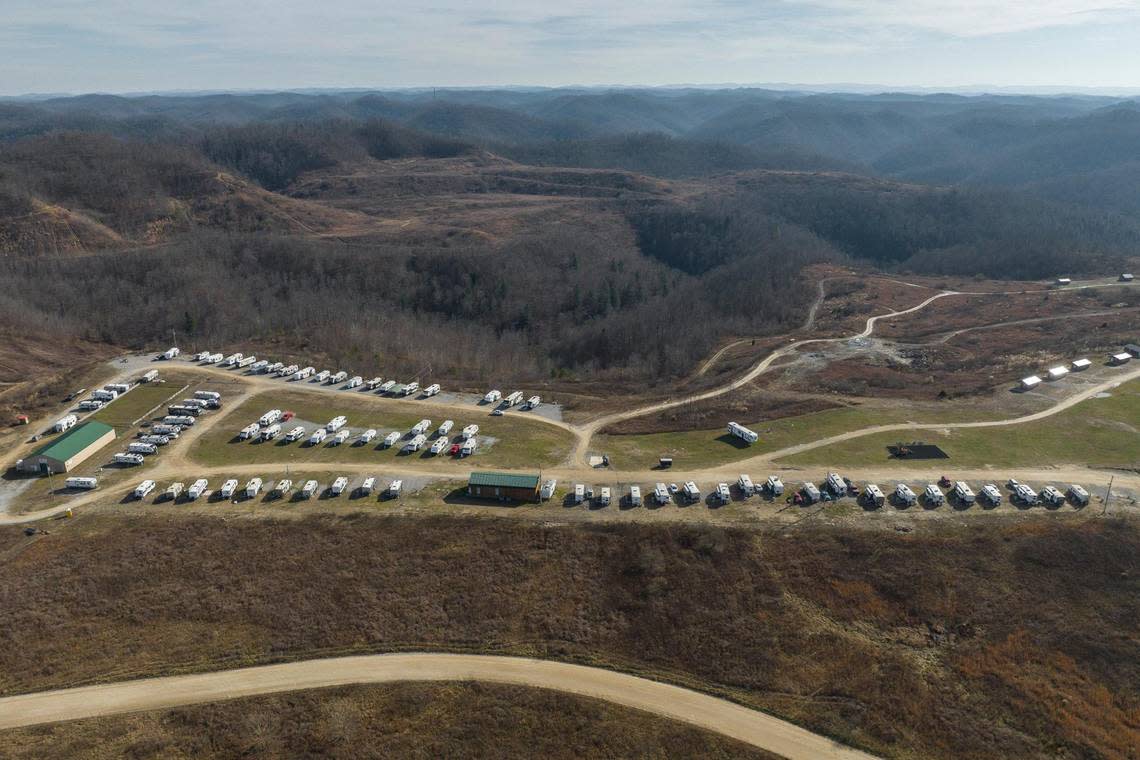 Trailers provided by the state for victims of last summer’s flooding in Eastern Kentucky are setup at at Mine Made Adventure Park in Leburn, Ky.