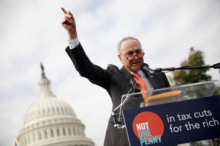Senate Minority Leader Chuck Schumer speaks during a rally against the Republican tax bill on Capitol Hill in Washington, U.S., November 15, 2017. REUTERS/Aaron P. Bernstein