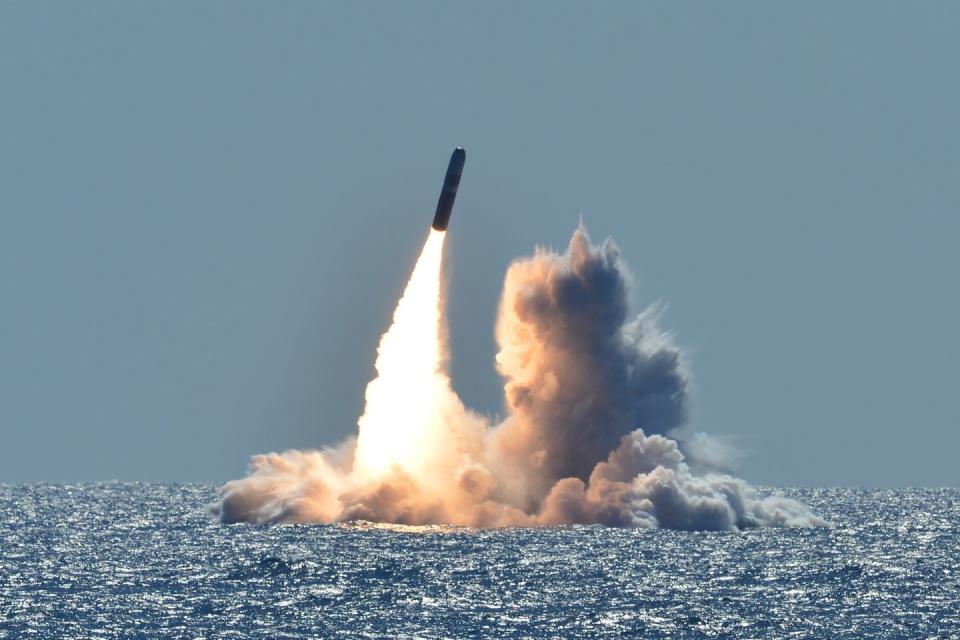 pacific ocean march 26, 2008 an unarmed trident ii d5 missile launches from the ohio class ballistic missile submarine uss nebraska ssbn 739 off the coast of california the test launch was part of the us navy strategic systems program’s demonstration and shakedown operation certification process the successful launch certified the readiness of an ssbn crew and the operational performance of the submarine’s strategic weapons system before returning to operational availability us navy photo by mass communication specialist 1st class ronald gutridgereleased