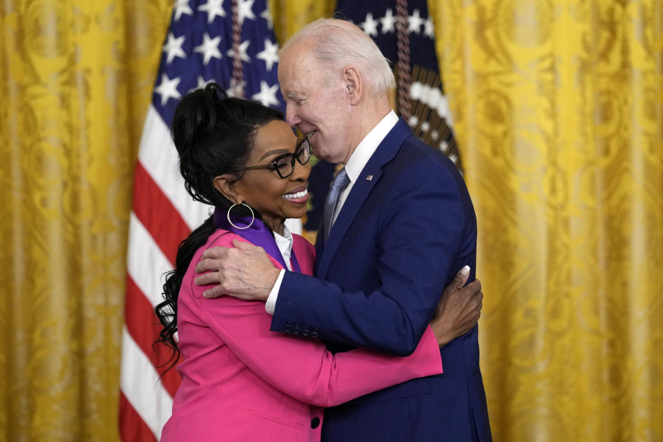 President Joe Biden presents the 2021 National Medal of the Arts to Gladys Knight at White House in Washington, Tuesday, March 21, 2023. (AP Photo/Susan Walsh)