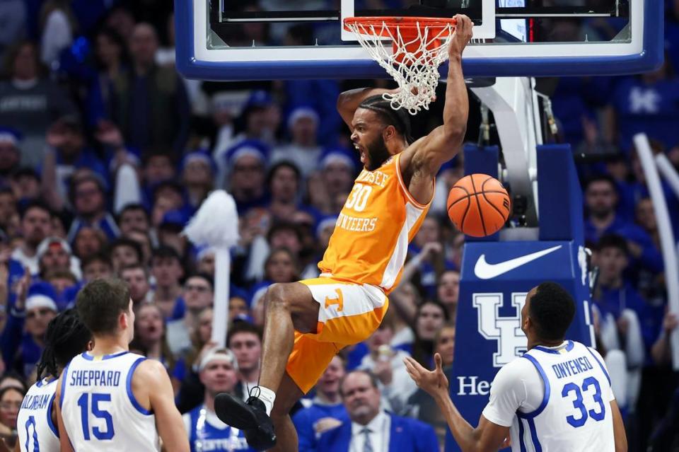 Tennessee guard Josiah-Jordan James (30) dunks the ball to score against Kentucky during the game at Rupp Arena on Saturday. Silas Walker/swalker@herald-leader.com