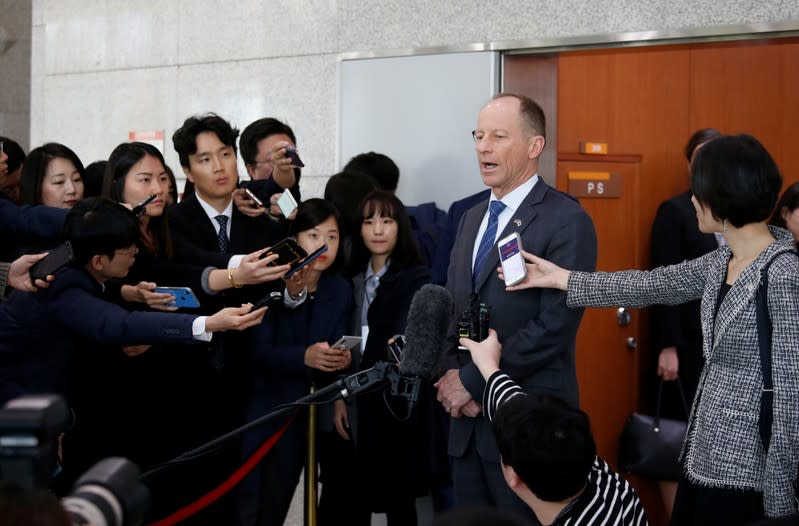 David Stilwell, U.S. Assistant Secretary for East Asian and Pacific Affairs, answers reporters' questions after a meeting with his South Korean counterpart Cho Sei-young at the Foreign Ministry in Seoul