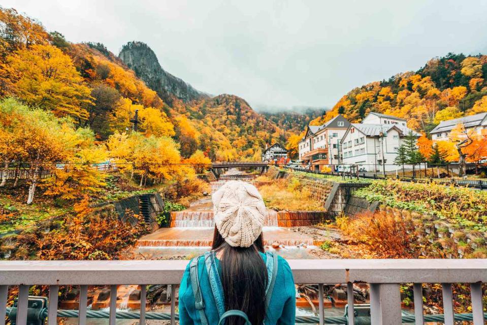 woman in a blue coat looking over a bridge at a forrest full of green, orange and yellow trees