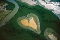 <b>Corazón de Voh, Nueva Caledonia, Francia</b><br> Probablemente su foto más famosa, tomada en 1990, y portada de sus libros The Earth from the air y The Earth from above, es esta isla de corazón, bañada por las aguas esmeralda del Pacífico Sur, formada por varias plantas halófilas (capaces de vivir en suelos salinos), y un denso manglar en medio de un tupido bosque.