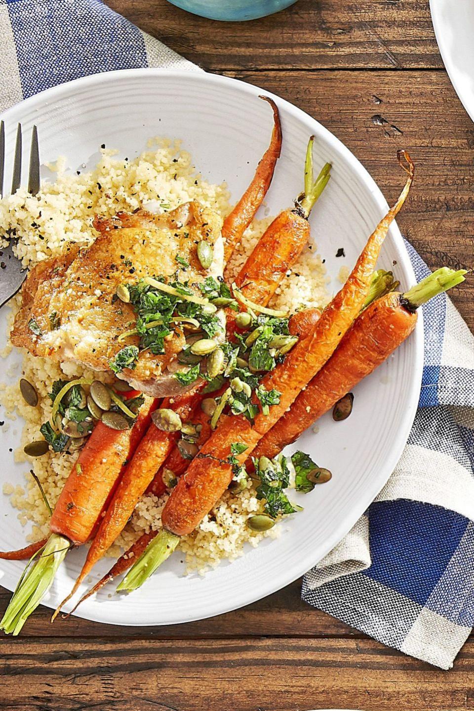 59) Crispy Chicken with Roasted Carrots and Couscous