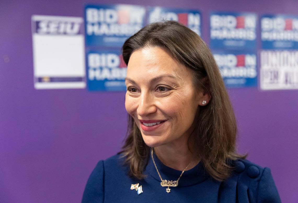 Florida Democratic Party Chair Nikki Fried talks with reporters after attending a press conference at the SEIU 1991 on Tuesday, Nov. 7, 2023, in Miami, Fla. MATIAS J. OCNER/mocner@miamiherald.com