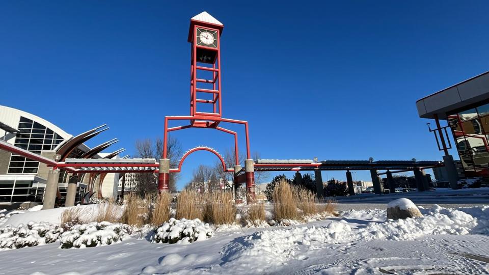 Canada Games Plaza in Prince George, B.C. was blanketed by snow on Thursday morning. Environment Canada says that it may feel like –50 C with wind chill in the region on Thursday.