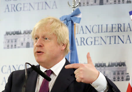 Britain's Foreign Secretary Boris Johnson gestures during a news conference in Buenos Aires, Argentina, May 22, 2018. REUTERS/Marcos Brindicci