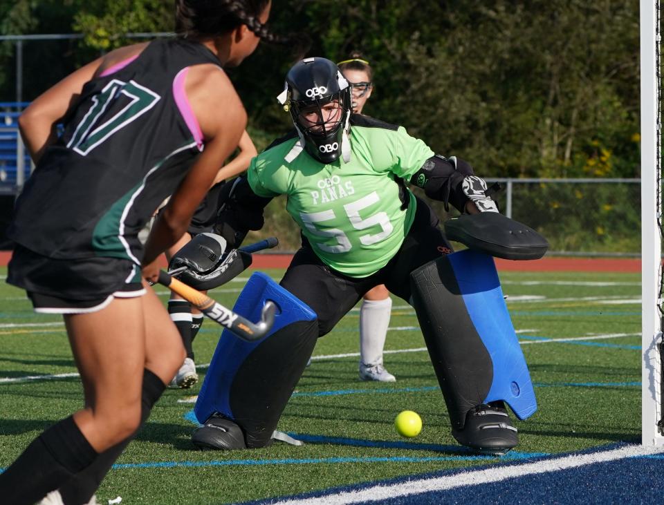 Panas goalie Kate Astrab (55) makes a save during field hockey action Yorktown at Walter Panas High School in Cortlandt on Thursday, September 21, 2023.