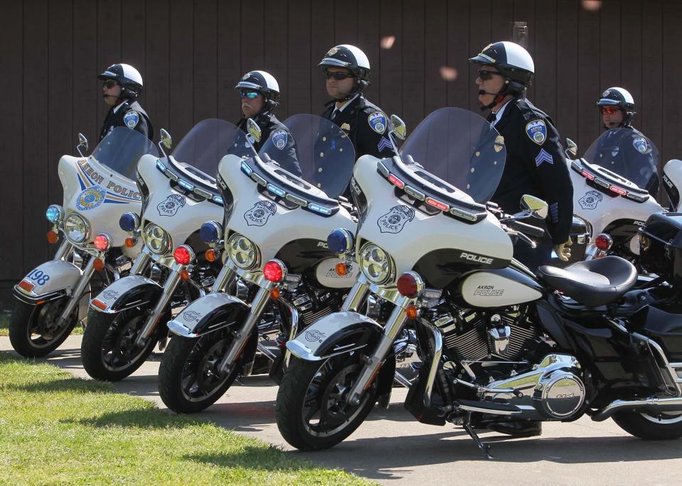 The motorcycle unit of the Akron Police Department during the Akron Police Memorial Day ceremony at the Fraternal Order of Police Akron Lodge 7 on Wednesday. 