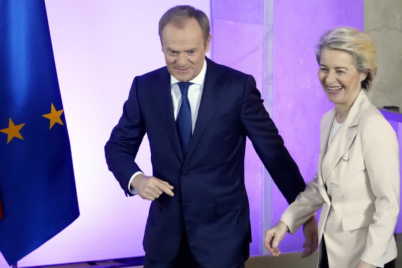 Poland's Prime Minister Donald Tusk welcomes European Commission President Ursula von der Leyen in Warsaw, February 2024