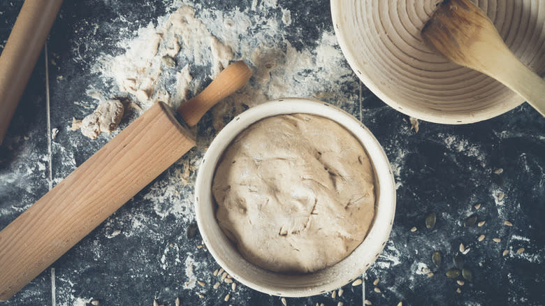 Dough in a banneton basket