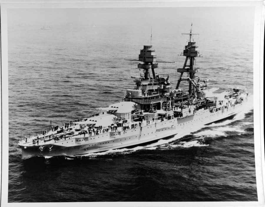 Underway off New York City during the Naval Review before President Franklin D. Roosevelt, 31 May 1934. Pennsylvania was then serving as flagship of the Commander in Chief, U.S. Fleet, Admiral David F. Sellers, USN. (U.S. Naval History and Heritage Command Photograph)