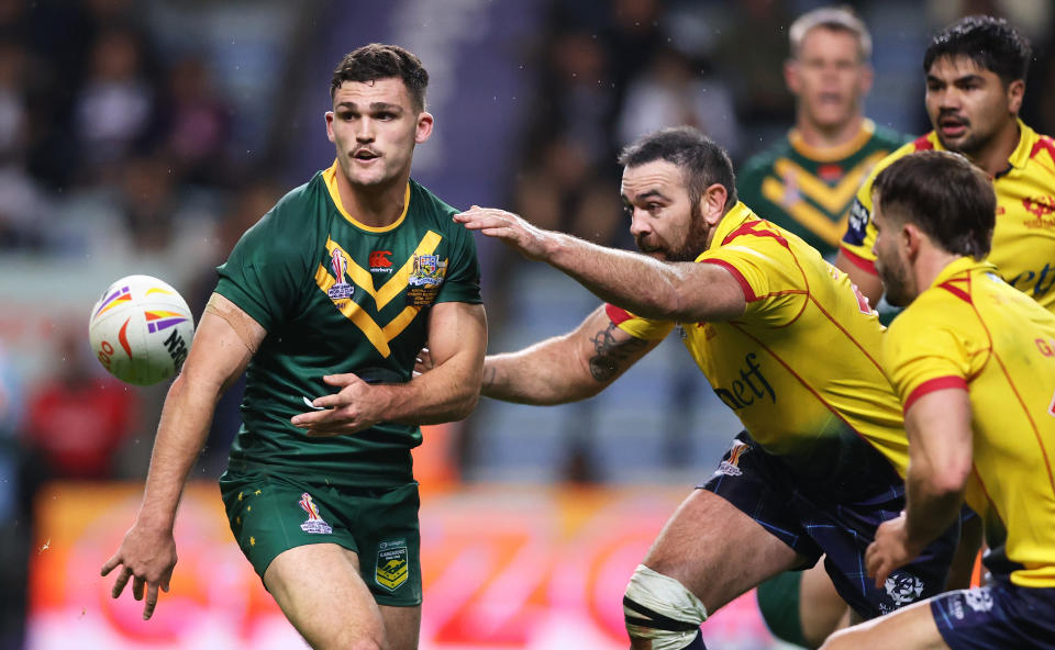 Nathan Cleary, pictured here in action for Australia against Scotland at the Rugby League World Cup.