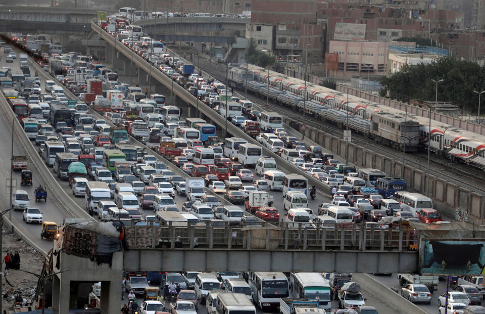 Vehicles are stuck in a traffic jam in Shubra El Kheima, Al Qalyubia Governorate, north of Cairo, Egypt, August 4, 2022. REUTERS/Mohamed Abd El Ghany