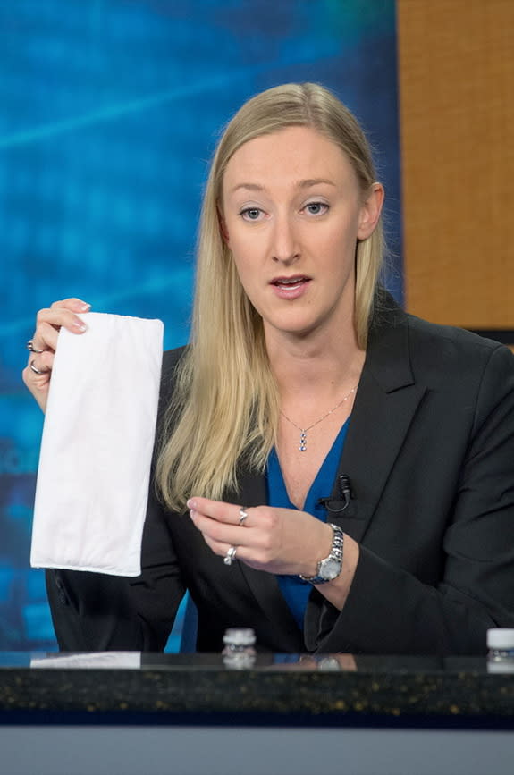 The helmet absorption pad, or HAP, lines the back of the helmet to absorb any extra water that might develop inside, as displayed by NASA's spacewalk officer Allison Bolinger.