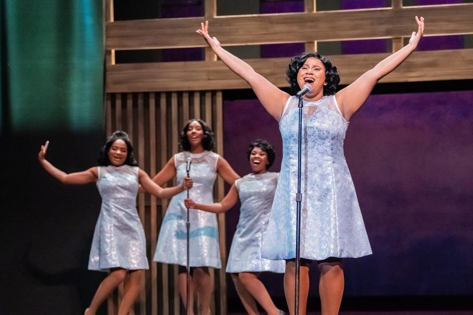 Anjewel Lenoir, foreground, with Sabriyah Davis, CaSaundra Taulton and Autumn Bradford, play The Shirelles, one of the groups that performed Carole King's songs, in “Beautiful: The Carole King Musical” at the Croswell Opera House.
