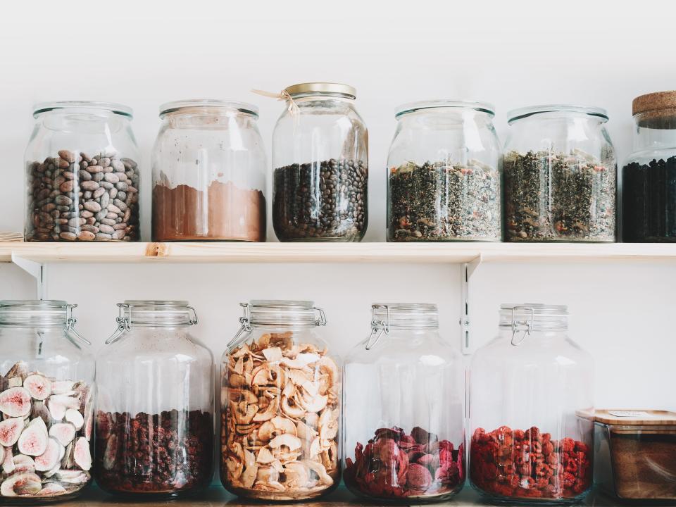 Organic bulk products in zero waste shop. Foods storage in kitchen at low waste lifestyle.