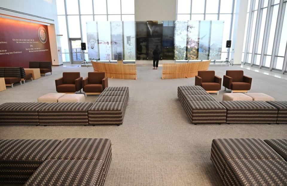 Upholstery reflects basket weaving patterns in the Table Mountain Rancheria Reading Room on Fresno State’s Library’s third floor. Photographed June 17, 2024 in Fresno.