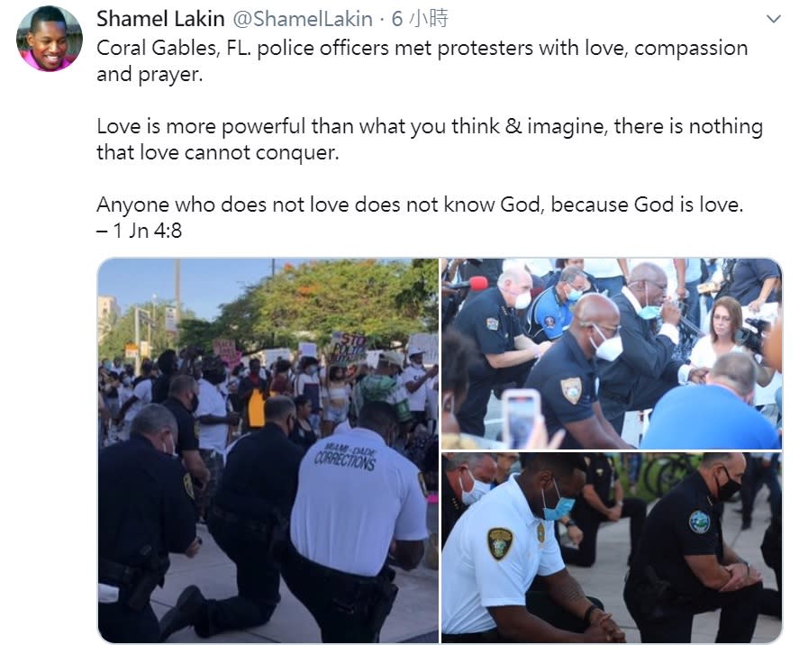 佛州珊瑚牆市（Coral Gables）有來自不同警局的員警單膝跪地，與抗議群眾一同祈禱，與其他州的衝突呈現不同的畫面。   圖:翻攝自推特