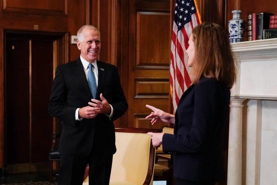 Sen. Thom Tillis, R-N.C., meets with Judge Amy Coney Barrett, President Donald Trump’s nominee to the Supreme Court, on Capitol Hill in Washington, Wednesday, Sept, 30, 2020. (Joshua Roberts/Pool via AP)