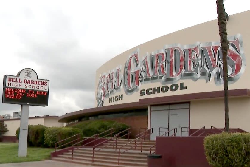 A man who allegedly made a shooting threat against Bell Gardens High school on social media was arrested Sunday in possession of stolen guns, ammunition and a bulletproof jacket, Bell Gardens police said. (KTLA)