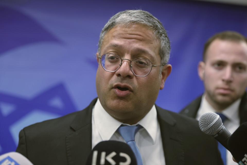 Israeli Minister of National Security Itamar Ben-Gvir talks to reporters