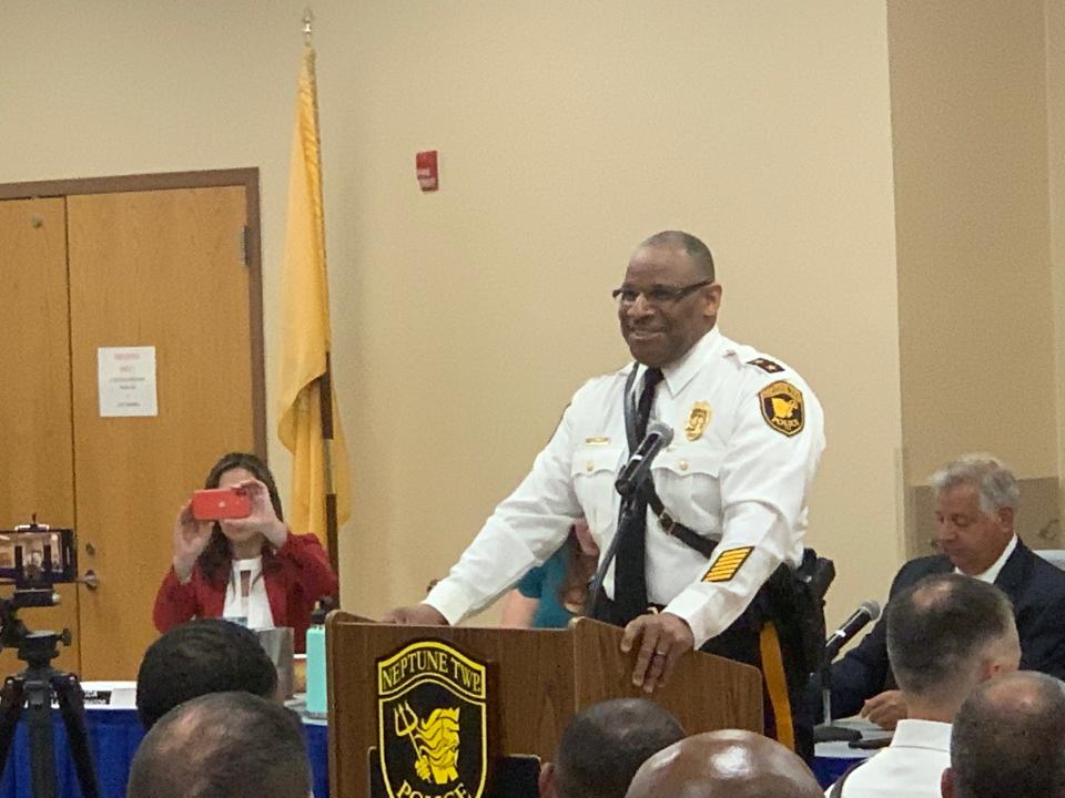 Larry Fisher smiles after getting sworn in as chief of police at the special meeting of the Township Committee on June 1, 2022.