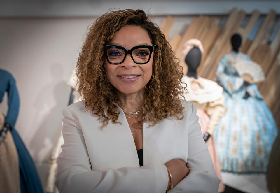 Oscar winning costume designer Ruth E. Carter takes a tour at the Charles H. Wright Museum of African American History in Detroit on Friday, Oct. 6, 2023 of an exhibit featuring her costume designs from movies early in her career like "Do the Right Thing" to the more recent "Black Panther."