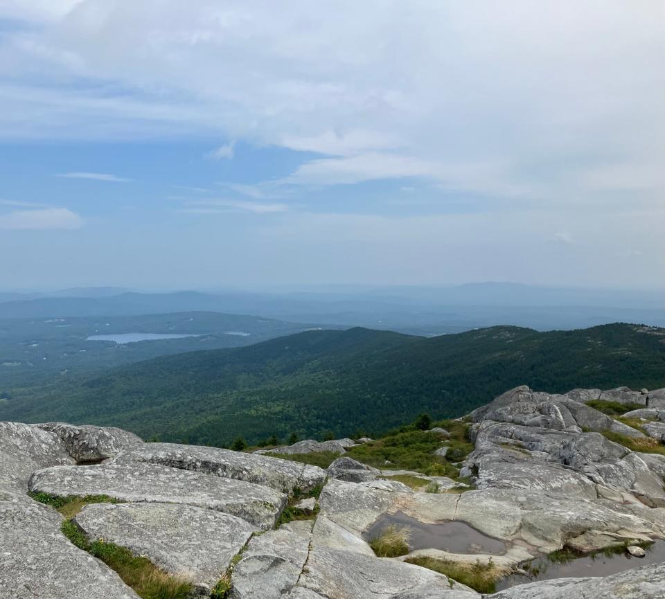 Even on a cloudy day, the view from the top of Mount Monadnock in southwestern New Hampshire is impressive.