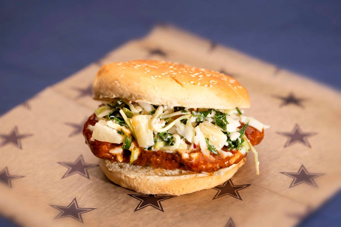 Mango habanero chicken sandwich, food photos for Legends at AT&T Cowboys Stadium in Arlington, TX on August 12, 2022.