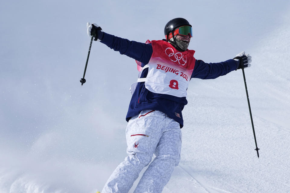 United States' David Wise reacts during the men's halfpipe finals at the 2022 Winter Olympics, Saturday, Feb. 19, 2022, in Zhangjiakou, China. (AP Photo/Gregory Bull)