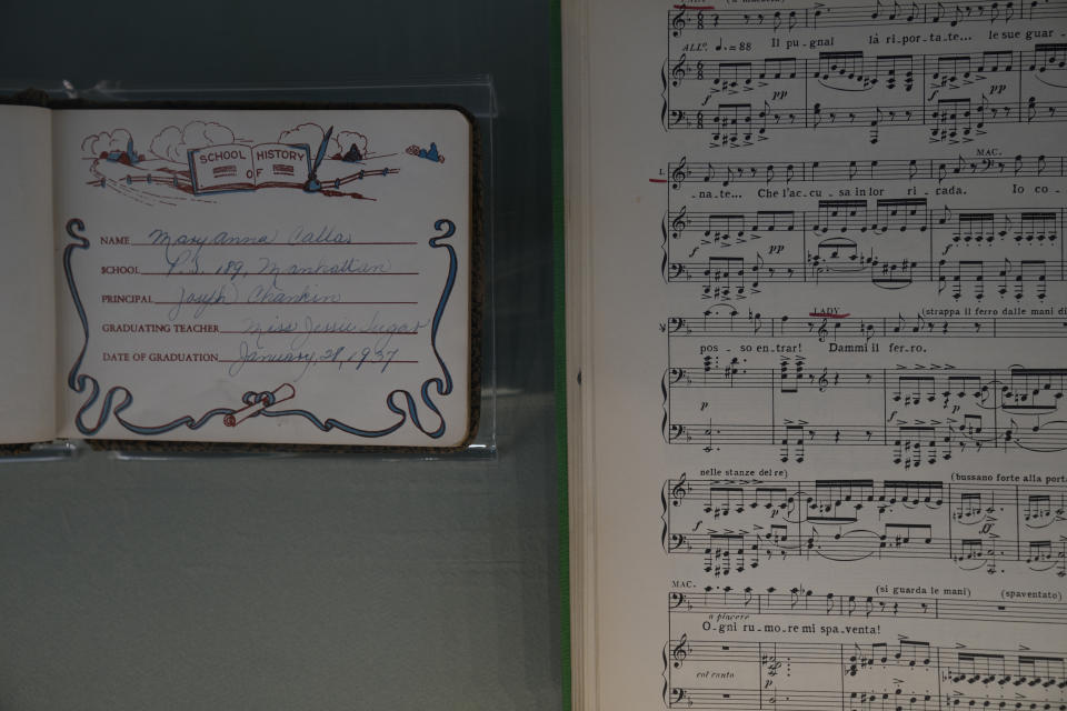 A farewell note, left, and a score for Macbeth (Verdi) from which the Greek Soprano Maria Callas studied, are on display, at the newly established Museum, the first dedicated to the legendary opera star, in Athens, Greece, Wednesday, Oct. 25, 2023. The new museum presents, priceless historical artifacts, including photographs and portraits, rare live recordings, and a unique collection of records and personal items as this year is the 100th anniversary of Maria Callas' birth. (AP Photo/Thanassis Stavrakis)