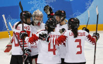 Ice Hockey - Pyeongchang 2018 Winter Olympics - Women's Semifinal Match - Canada v Olympic Athletes from Russia - Gangneung Hockey Centre, Gangneung, South Korea - February 19, 2018 - Goalie Shannon Szabados of Canada celebrates with teammates. REUTERS/Grigory Dukor