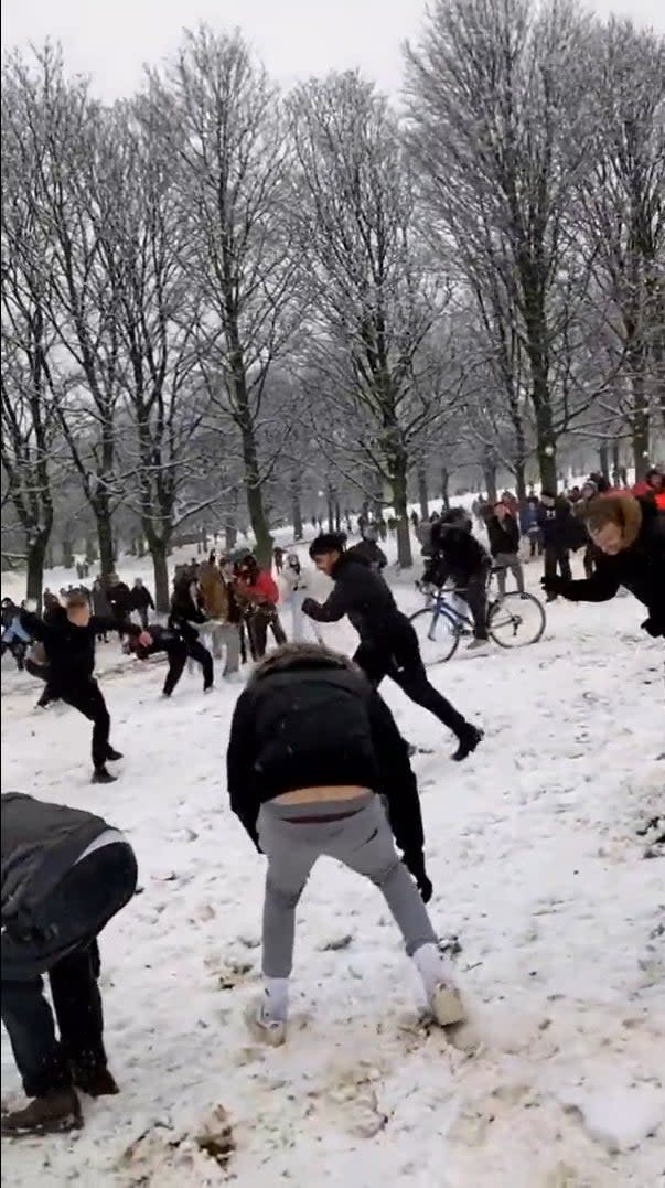<p>Two men involved in organising a mass snowball fight have each been given £10,000 fines for a ‘blatant breach’ of lockdown rules.</p> (PA)