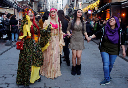 People dance in side streets, after police blocked the entrance to the main street, at a march marking International Women's Day in Istanbul, Turkey, March 8, 2019 REUTERS/Murad Sezer