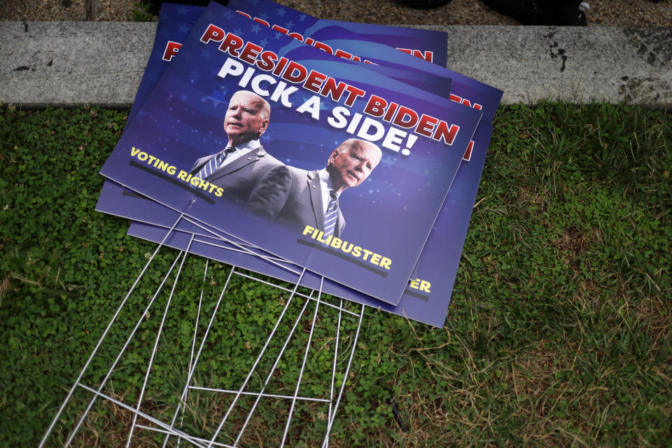 Signs from a demonstration on voting rights 