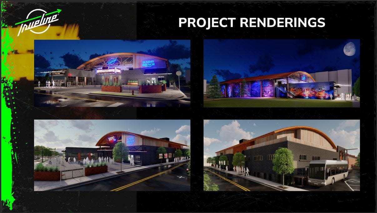 Renderings of Trueline, an potential upcoming music and entertainment venue, expected to be in full operation by Spring of 2025 at 401 E. Rhett St in the West End of downtown Greenville.